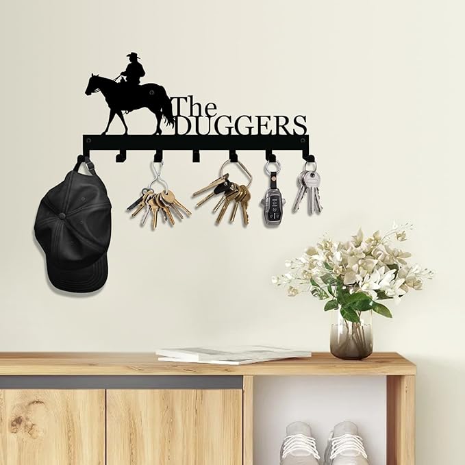 Personalized Key Holder with Name, Custom Metal Cowboy Horse Silhouette Key Rack Hanger, Wall Organizer with 7 Hooks for Entryway, Front Door, Hallway, Kitchen, Farmhouse Décor