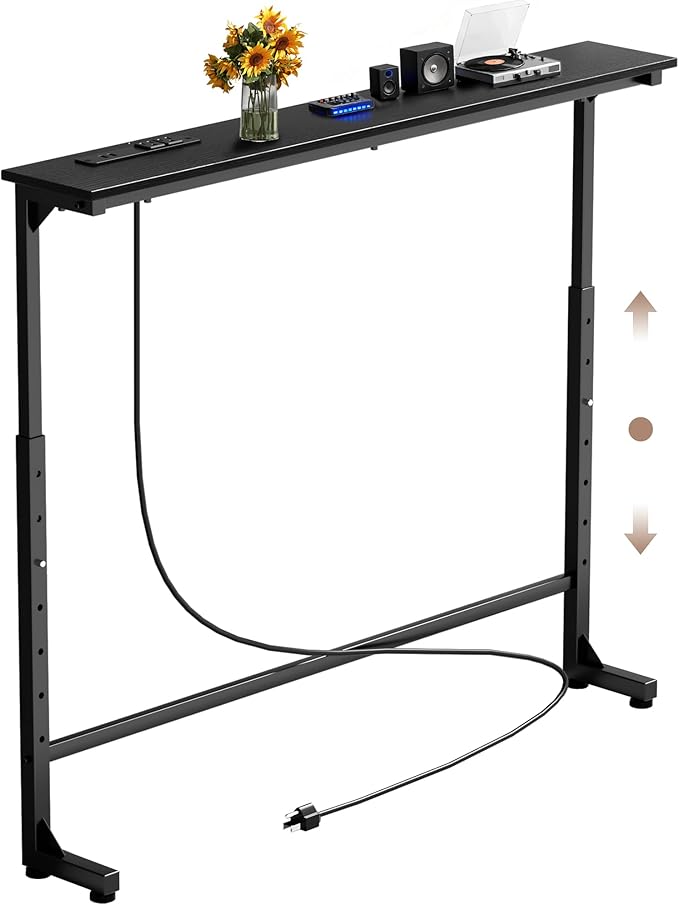 39 inch Narrow Console Table with Outlet,Adjustable Height(25"-37") Behind Sofa Table,Couch Behind Table Skinny,Couch Shelf with Charging Station,Long Entryway Tables for Living Room,Black