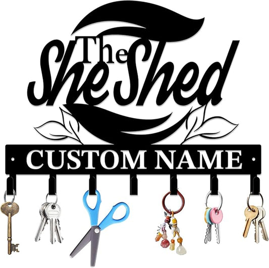 Personalized She Shed Keys Hooks,Custom Name Metal She Shed Art Keys Hooks,Metal She Shed Lover Wall Home Storage Decorative Keys Hooks,Key Holder Hooks for Wall (Style E)