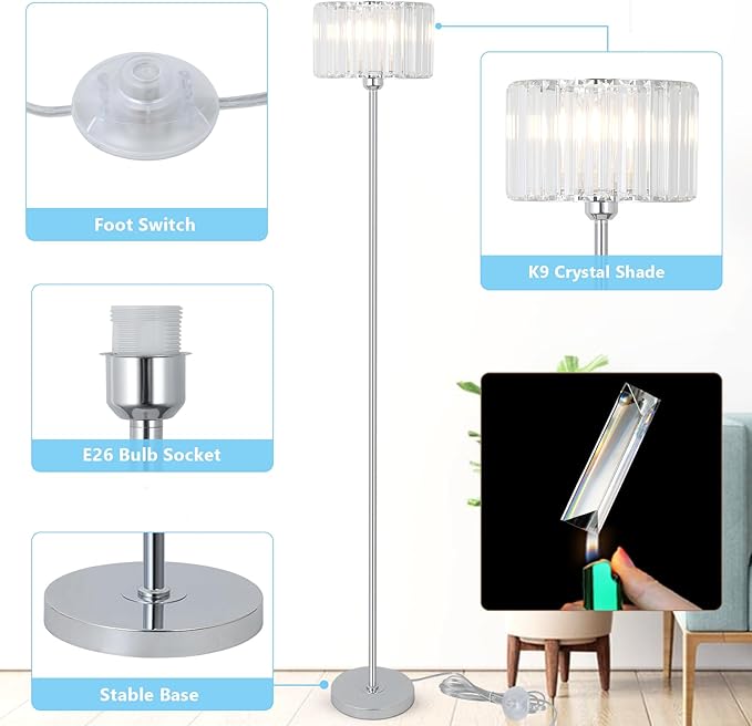 HMVPL Crystal Floor Lamp, Chrome Pole Floor Lamp with K9 Crystal Shade, Silver Standing Lamp with On/Off Switch, Modern Corner Tall Lamp for Living Room Bedroom Nursery Office Home Decor