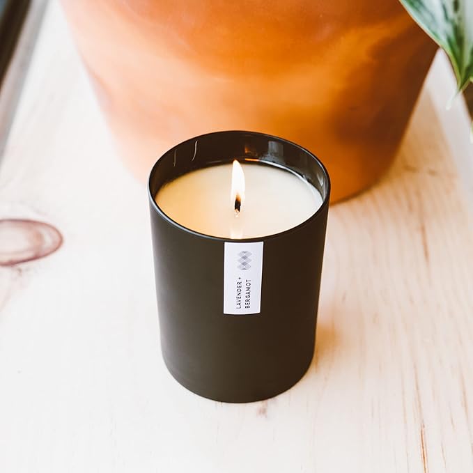 Calyan Wax Co. Lavender & Bergamot Scented Candle - 75 Hour Burn - Luxury Non Toxic Soy Wax Candles - Long Lasting Black Tumbler Jar Candle for Home - 10.2oz