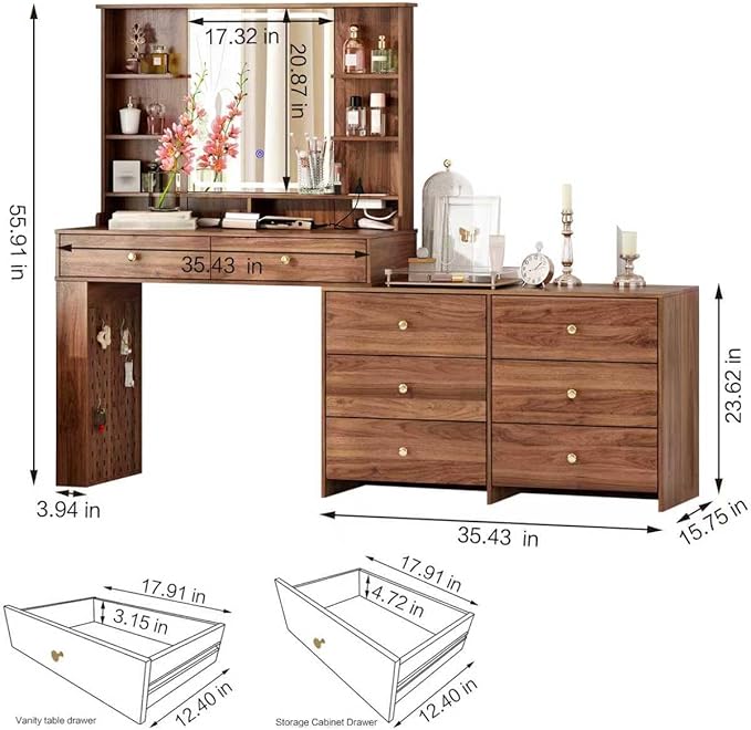Makeup Vanity Desk with Mirror and Lights, Vanity Desk with 8 Drawers & Storage Shelves, Vanity Table with Power Outlet, 3 Color Modes & Adjustable Brightness Dressing Table, Bedroom,Brown