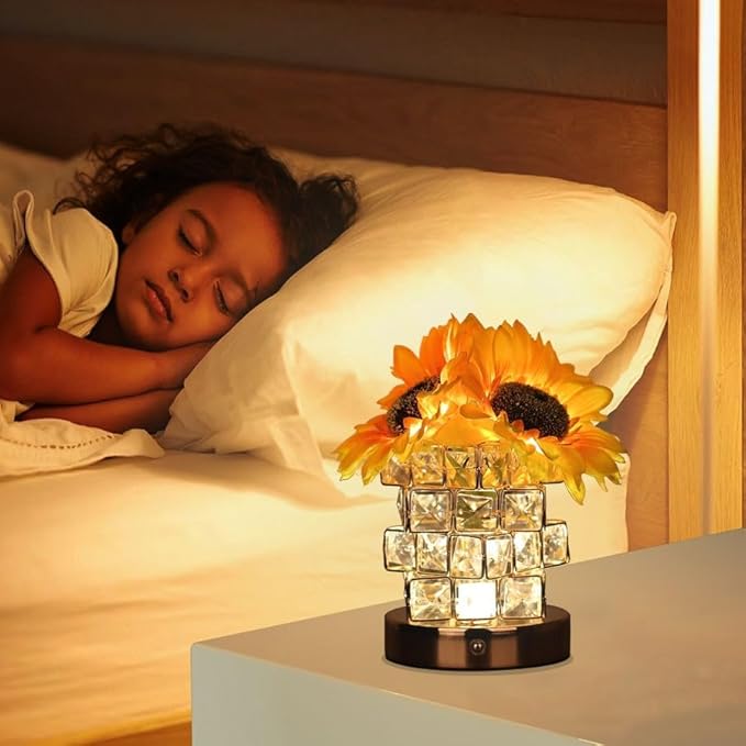 Crystal Cube LED Night Light with Sunflower Vase, USB Rechargeable Table Lamp, 3 Color Modes, Touch Control, Decorative Accent Light for Bedroom, Home (Rubik's Cube Crystal (Sunflower))