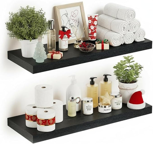 Vivelove Black Floating Shelves for Wall Mounted, 24 inchs x 9.1” Deep x 1.6” Thick Wall Shelves for Bedroom, Living Room, Bathroom，Kitchen, Office, Home Decor Shelf with Invisible Bracket - Set of 2