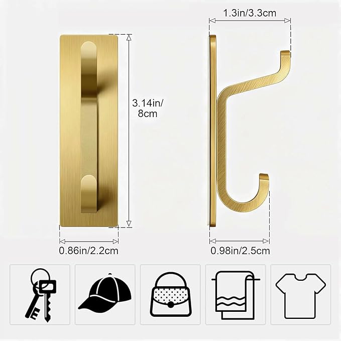 pickpiff Wall Hooks for Coat and Towel: 13LB Adhesive Door Hanger Stick on, Brushed Gold