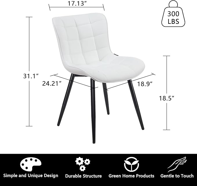 YOUTASTE White Dining Chairs Set of 2, Faux Leather Upholstered Armless Chairs with Back and Black Metal Legs, Mid Century Modern Kitchen Chairs for Living Room, Vanity, or Guest Reception Room