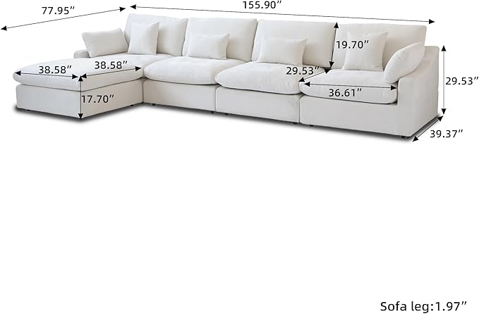 156" Cloud Couch Modular Sectional Sofa with Ottoman,L Shaped Down Couch, Down Filled Convertible Sofa,Cover Washable and Replaceable Couches for Living Room,White