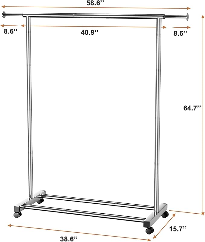 Clothing Rack for Hanging Clothes, Stainless Steels Rolling Clothes Rack, Coat Rack, Garment Rack, Portable Closet Rack, Free Standing Clothes Rack with Wheels, Adjustable Length