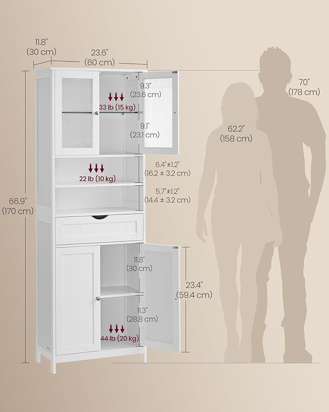 VASAGLE Storage Cabinet with LED Lights, Freestanding Storage Unit with Adjustable Shelves, Drawer, Open Compartments, for Bathroom, Living Room, Kitchen, Cloud White UBBC767WH01S