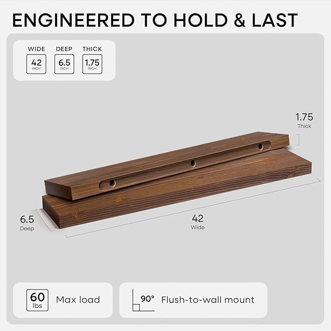 Homeforia Classic Walnut 42 inch Floating Shelf, High End Solid Real Wood Small 42inch Floating Shelves for Wall Mounted, 42in Floating Shelves, Heavy Duty Bracket, 42 X 6.5 X 1.75 inches, Set of 3