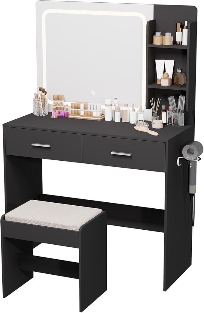 Makeup Vanity with Lighted Mirror & Electrical Outlet - 2 Shelves, 2 Drawers, Bottom Storage - Comes with Upholstered Stool （Black）