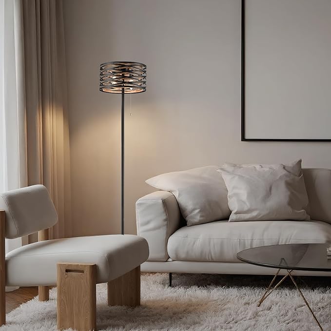 Farmhouse Black 2-Light Floor Lamp Metal Structure Wood Grain Shade with Pull Chain Switch, Perfect for Living Room, Bedroom, Reading Room