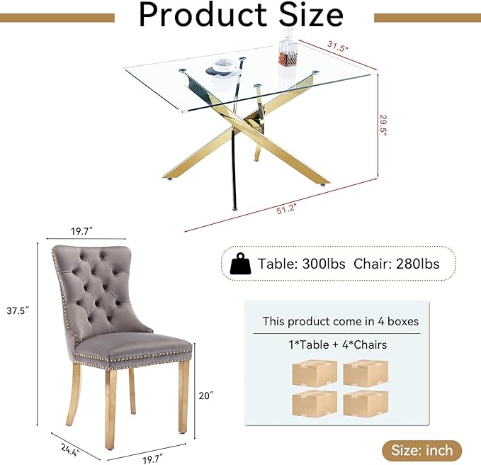 Goujxcy 51" Glass Dining Table Set for 4, Modern Kitchen Table and Chairs Set w/Steel Legs, 5-Piece Dining Table Set w/Glass Gold Dining Table and 4 Grey Velvet Chairs for Kitchen Dining Room