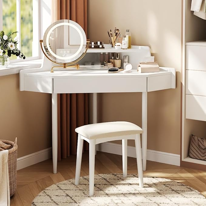 Merax Corner Vanity Desk with Mirror and Lights and Stool, White Makeup Vanity with Storage & Adjustable Light, Girl Glass Top Dressing Table with Small Sliding Glass Door, Drawer and Display Shelf