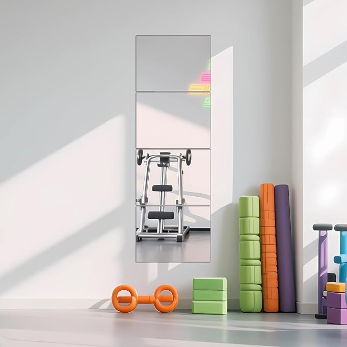 Ruomeng Full Length Wall Mirror Tiles - 12" x 16" x 4Pcs Frameless Full Body Mirror Tiles Wall Mounted Mirror for Home Gym Vanity Bedroom, Living Room