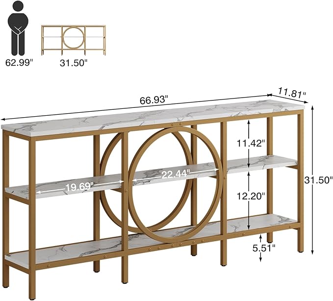 66.9-Inch Sofa Tables Narrow Long, 3 Tier Extra Tall Console Table Industrial Behind Couch Table Gold Large Console Tables for Living Room, Entryway, Hallway (White+Champagne Gold)