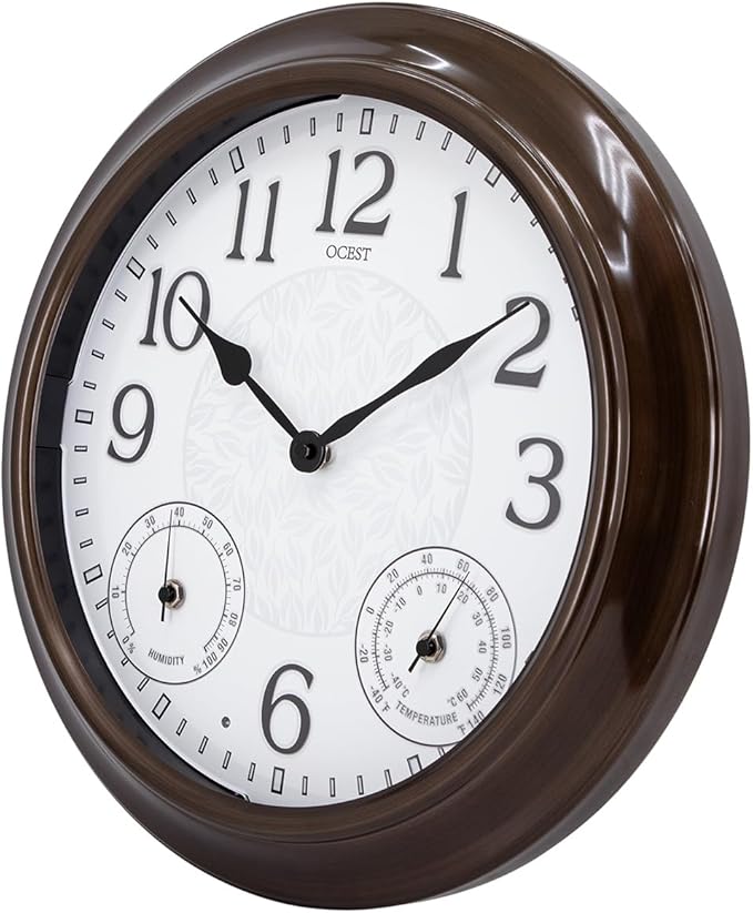 OCEST 15 Inch Illuminated Large Outdoor Clock Waterproof, Night Light Illuminated Wall Clocks with Smart LED Sensor, Temperature and Humidity Combo for Garden Patio Pool Garage (Metal)