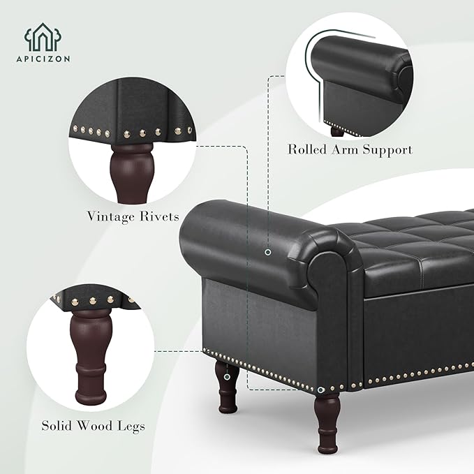 Apicizon 51” Bench with Storage, Queen Size Faux Leather End of Bed Bench with Tufted Button, Ottoman Bench with Rolled Arms & Vintage Rivets for Foot of Bed, Living Room, Entrance, Black