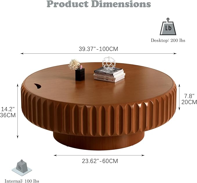 Round Coffee Tables with Storage Fluted Drum Coffee Table with Solid Wood Relief, Modern Circle Wooden Coffee Tables Brown Center Table Accent Tea Table for Living Room Apartment (Round 39.37'')