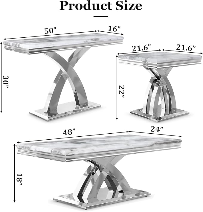 AUZ 3 Pieces Silver Living Room Table Set Modern Coffee Table Set with X-Shape Design Polished Stainless Steel Frame