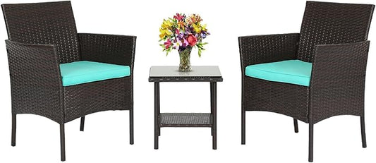 FDW 3 Piece Outdoor Furniture Set Patio Brown Wicker Chairs Furniture Bistro Conversation Set 2 Rattan Chairs with Blue Cushions and Glass Coffee Table for Porch Lawn Garden Balcony Backyard