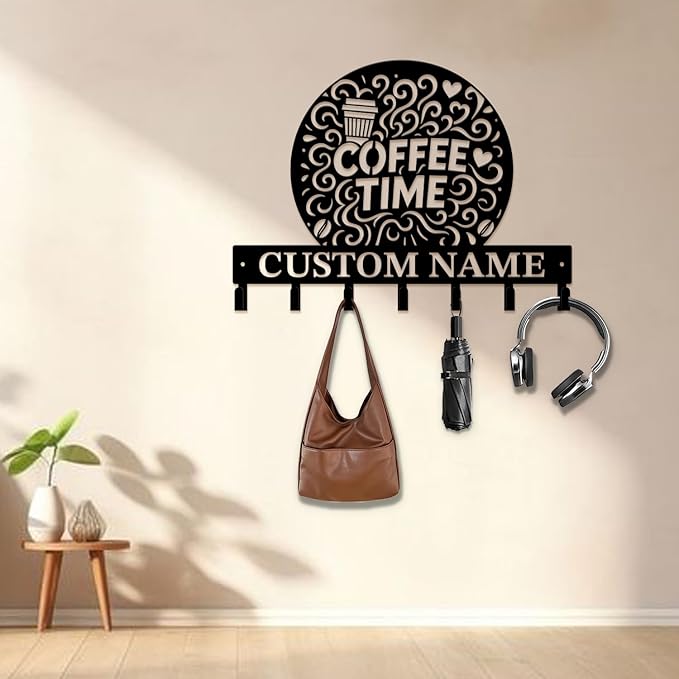 Coffee Bar Keys Holder - Metal Iron Wall Hooks with Custom Name | Personalized Home Decor & Gift Idea | Coffee-Themed Text Engraving Design (Style H)