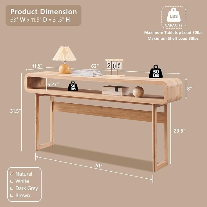 63-Inch Long Console Table, 31.5" Tall Modern Entryway Table with Open Storage Shelf, Curved Profile Design, Narrow Wood Sofa Table Behind Couch Table for Living Room, Hallway,Foyer, Natural Oak