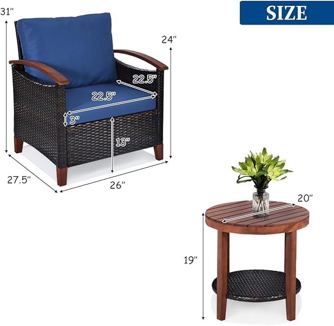 Tangkula 3 Pieces Patio Furniture Set, Outdoor Rattan Sofa and Side Table w/Solid Acacia Wood Frame, High Load Bearing Conversation Bistro Set w/Washable and Removable Cushions (Navy Blue)