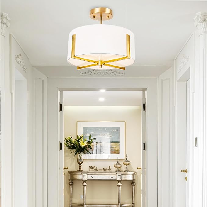 3-Light Semi Flush Mount Ceiling Light Fixture, 13.7" Gold Drum Light with White Fabric Shade, Modern Close to Ceiling Lamp for Living Room Bedroom Dining Room Kitchen Hallway Entry Foyer