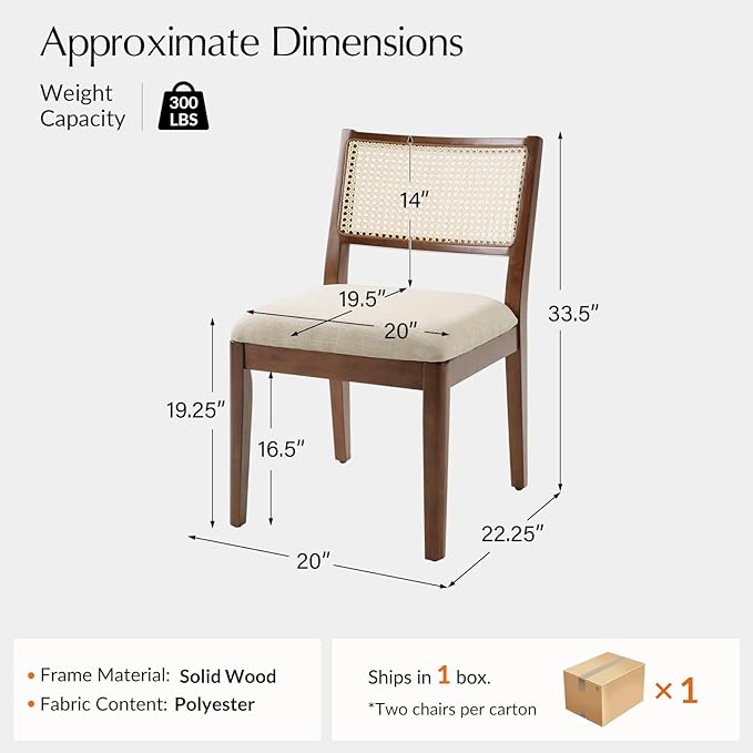 HULALA HOME Rattan Dining Chairs Set of 2, French Solid Wood Kitchen Dining Room Chairs with Curved Back, Upholstered Accent Dinner Cane Chair for Living Room Restaurant, Walnut