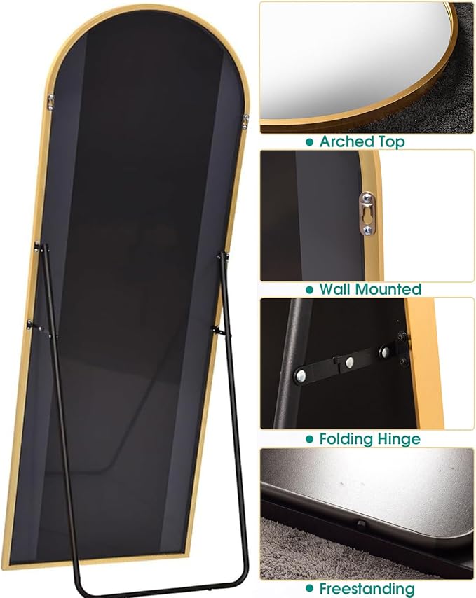 27x71 inches Arched Full Length Mirror, Oversized Gold Floor Mirror, Wall Mounted Mirror for Bedroom, Aluminum Frame, Modern Design, Home Decor