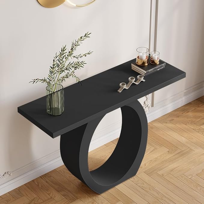 LOVEDIMA 39.4" Modern Entryway Console Table - Slim White Wooden Design with Circle Base, Space-Saving for Hallway, Living Room & Small Spaces (Easy Assembly) (Black)