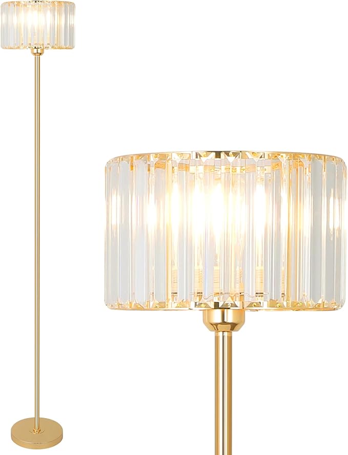 HMVPL Gold Floor Lamp for Living Room, Modern Floor Lamp with K9 Crystal Shade, Brass Standing Lamp with On/Off Switch,Mid Century Tall Lamp Crystal Pole Lamp for Bedroom Corner Office Nursery Reading