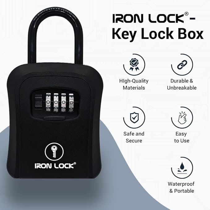 Iron Lock® Key Lock Box Portable with U-Shackle & Wall Mount – Medium Waterproof Heavy-Duty Metal Safe with 4-Digit Combination for Spare Keys Outside on Door Knob, Fence or Gate (Black, Medium)
