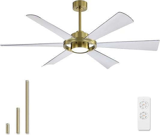 ELEHINSER 60" Ceiling Fan with Lights - 6 ABS Plastic Blades, 3 Downrods, 6-Speed Reversible DC Motor, 3CCT, Windmill Ceiling Fan for Kitchen Bedroom Living Room, Brass and Transparent