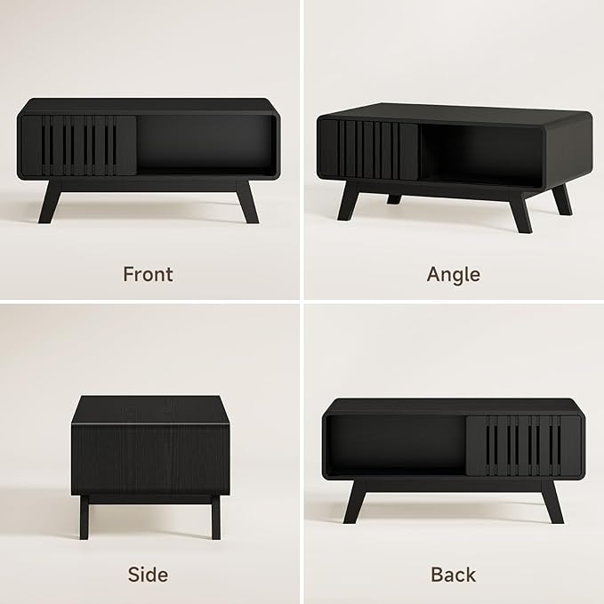 ONBRILL Coffee Table, Mid Century Modern Table with Storage Compartment, Fluted Table with Sliding Cabinet Door, Farmhouse Wood Coffee Table for Living Room (Black)