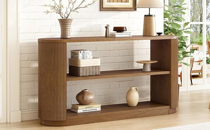 Modern Curved Console Table for Entryway, Farmhouse Solid Wood Fluted Sofa Table with Open Shelf & Elegant Wood Grain, Oval Long Foyer Table for Entry Way Hallway Living Room-58.9" Brown