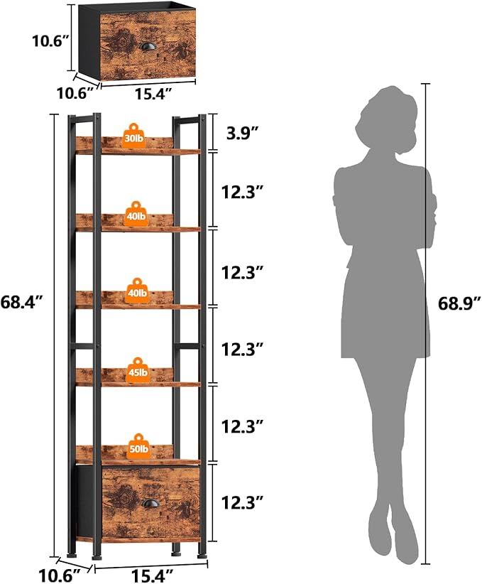 Furologee 6 Tier Bookshelf, Tall Shelf with Drawer, Wood and Metal Bookshelves Storage Organizer, Industrial Display Shelving Unit for Bedroom, Living Room, Home Office, Rustic Brown