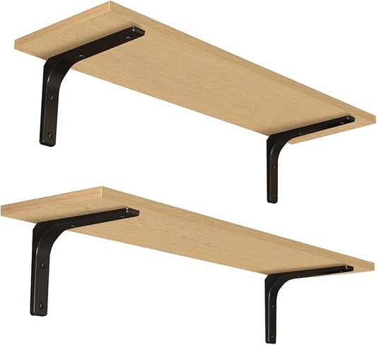 DINZI LVJ Long Wall Shelves, 31.5 Inch Wall Mounted Shelves Set of 2, Easy-to-Install, Floating Storage Ledges with Sturdy Metal Brackets for Living Room, Bathroom, Bedroom, Kitchen, Natural