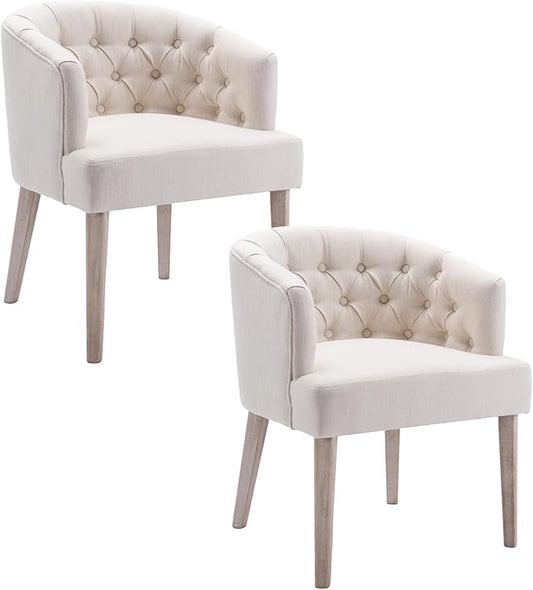 HEAH-YO Modern Dining Chairs Set of 2, Tufted Dining Room Chairs with Barrel Backrests, Upholstered Linen Kitchen Chair for Dining Room, White