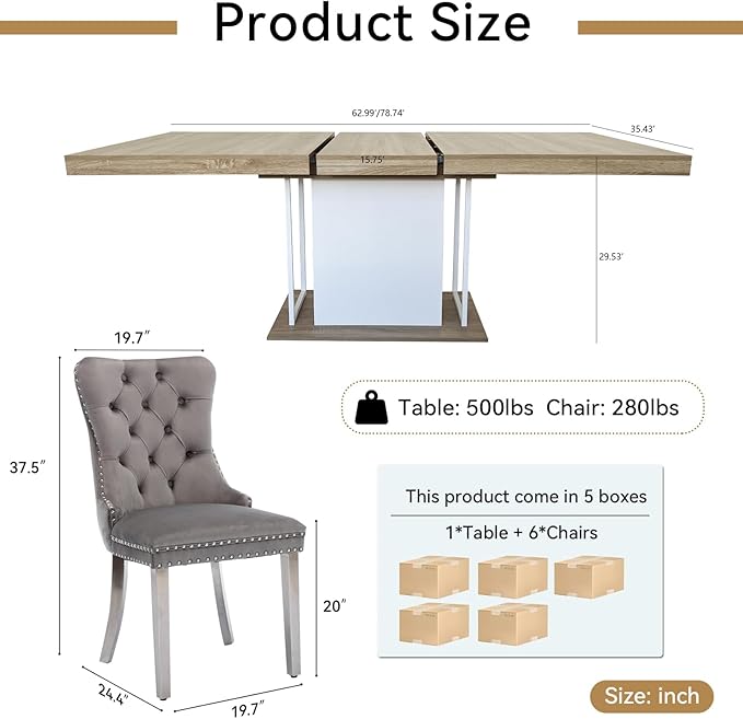 Goujxcy 78.7" Farmhouse Extendable Dining Room Table Set for 6, 7-Piece Rectangle Kitchen Dining Room Table Set with Wood Base and 6 Grey Velvet Dining Chairs, Extending Kitchen & Dining Table Set