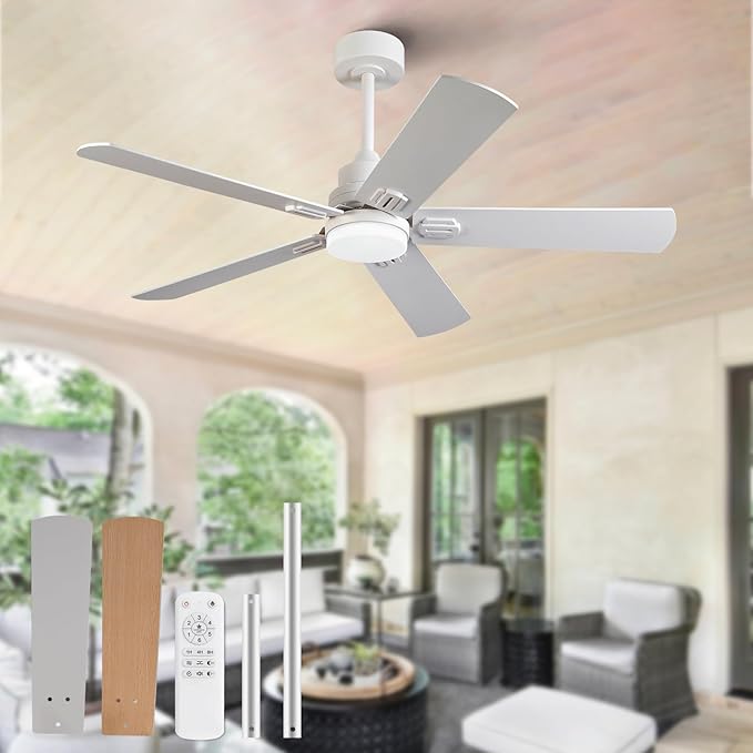 42 Inch White Outdoor Ceiling Fans with Lights and Remote, Dimmable 5 Blade Outdoor Ceiling Fans for Patios, White Ceiling Fan with Light for Bedroom Indoor Living Room