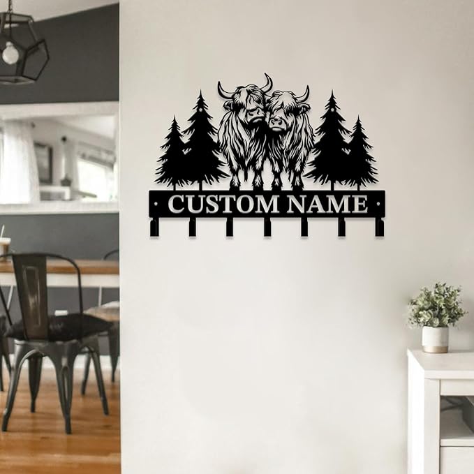 Personalized Highland Cow Metal Keys Hooks,Custom Name Metal Highland Cow Keys Hooks,Black Metal Highland Cow Wall Home Storage Decorative Keys Hooks,Key Holder Hooks for Wall (Style I)