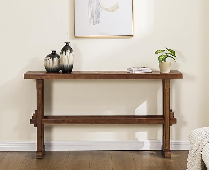 chairus 59" Long Console Table Farmhouse Narrow Sofa Table with Crossbar Solid Wood Entryway Table for Living Room/Hallway/Entrance, Walnut