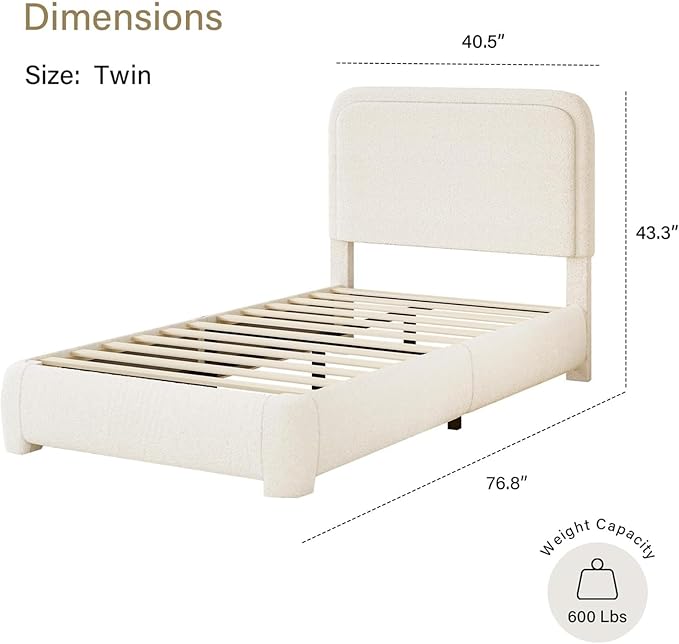 BarnFurin Twin Size Bed Frame,Cloud Boucle Upholstered Platform Bed Frame with Headboard, Modern Style, Soft Rounded Corners, No Box Spring Required, Easy Assembly, Cream