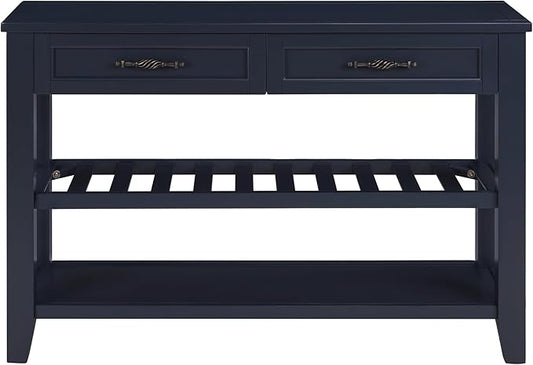 Retro Design Console Table with Two Open Shelves, Pine Solid Wood Frame and Legs for Living Room