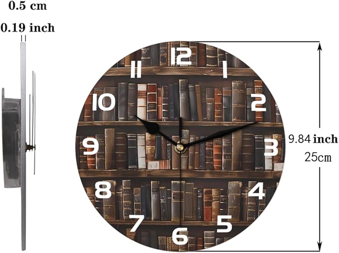 Retro Bookshelf Books Wallpaper Wall Clock Battery Operated 10 in Round Wall Clocks Slilent Non Ticking Quartz Analog Clock for Bedroom Kids Living Room Classroom Decor