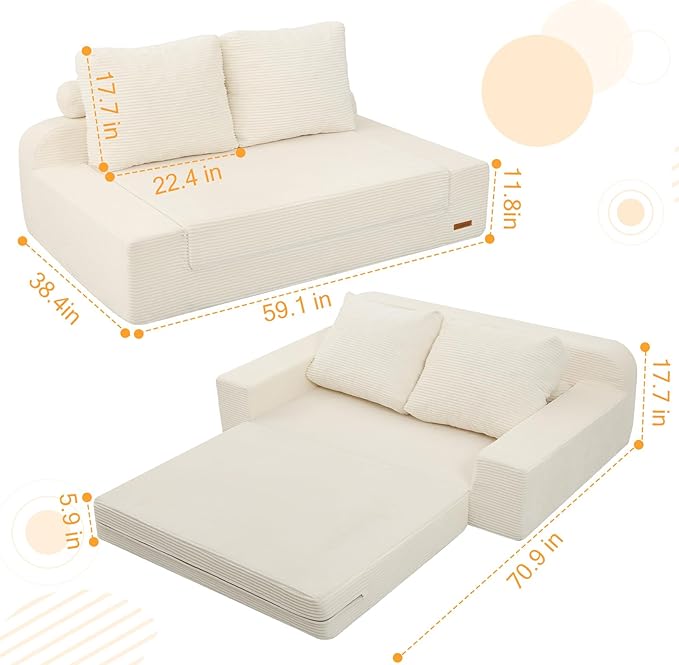 COMAX Convertible Sofa Bed Queen, Folding Floor Couch Corduroy Fold Out Couch Bed Sleeper Mattress with Back Pillows, Boneless Pull Out Loveseat Comfy Futon Lounge for Living Room Bedroom, Beige