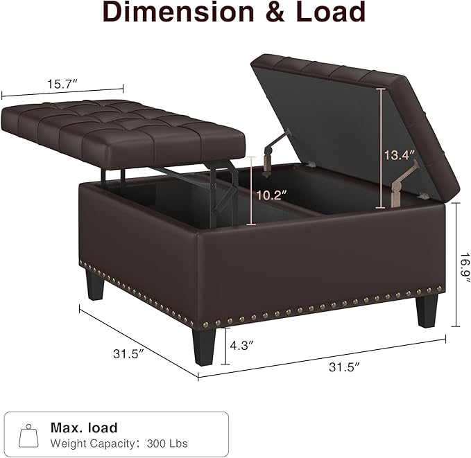 Square Leather Ottoman with Storage, Faux Leather Coffee Table with Lift Top,Large Upholstered Footrest Stool Toy Box Storage Bench for Bedroom Living Room, Chocolate