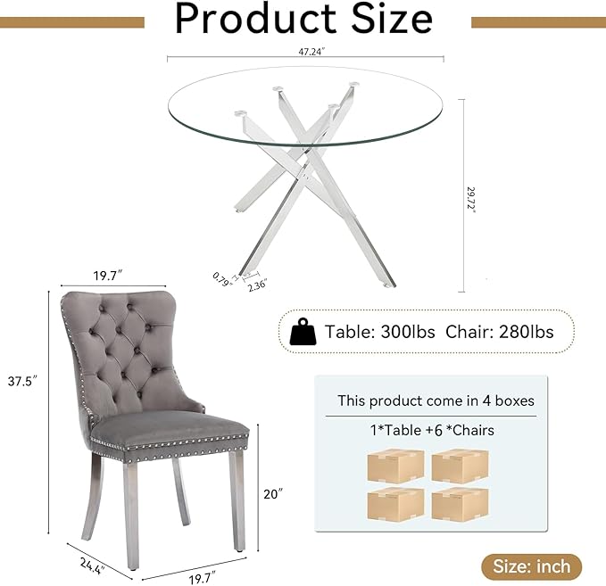 Goujxcy Round Dining Table Set for 6, Modern Glass Kitchen Table and Chairs Set of 6, 7-Piece Dining Room Table Set w/47 Circle Silver Glass Dining Table and 6 Upholstered Velvet Chairs